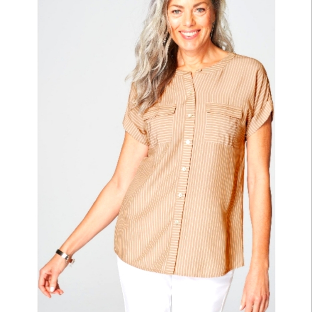 Breathable Tan Striped Button-Front Women’s Top